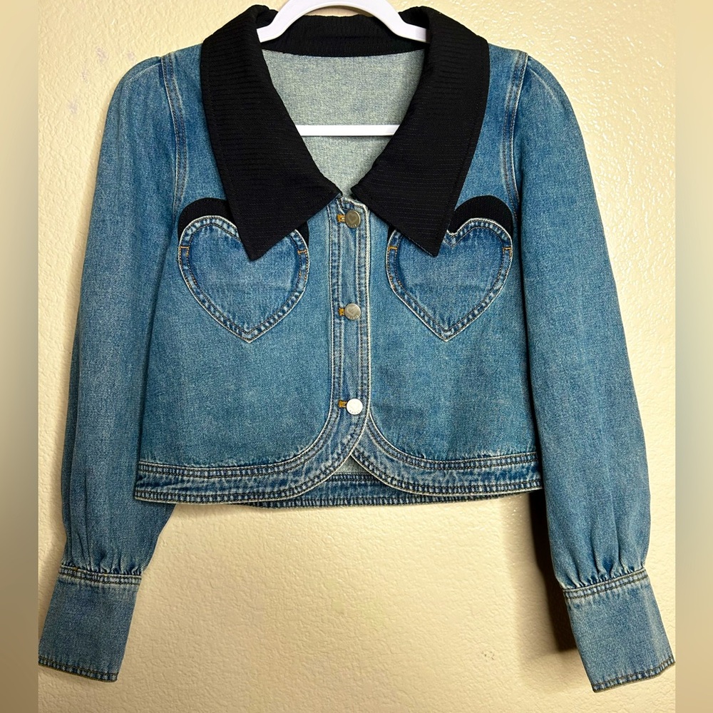 Kuose Denim Jean Jacket - Heart Pockets, Puff Sleeves, Striped Collar Sz Medium